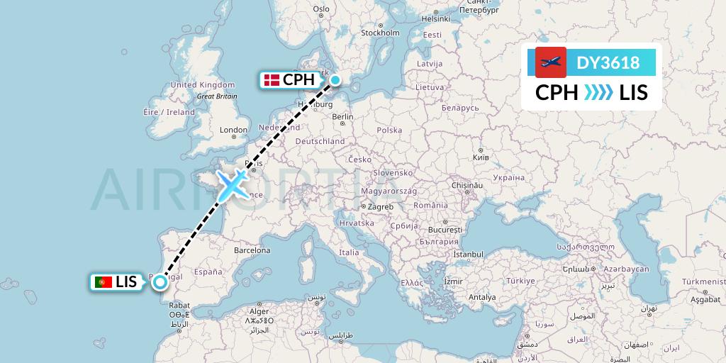 DY3618 Norwegian Flight Map: Copenhagen to Lisbon