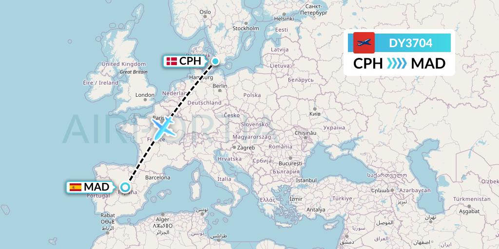 DY3704 Norwegian Flight Map: Copenhagen to Madrid