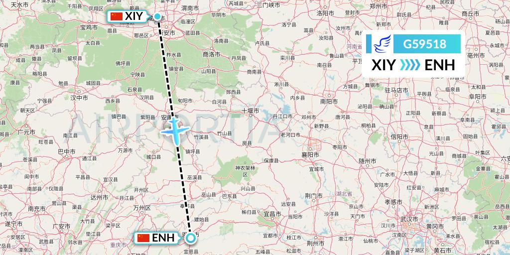G59518 China Express Airlines Flight Map: Xi'an to Enshi