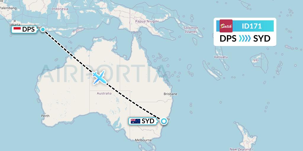 ID171 Batik Air Flight Map: Denpasar to Sydney