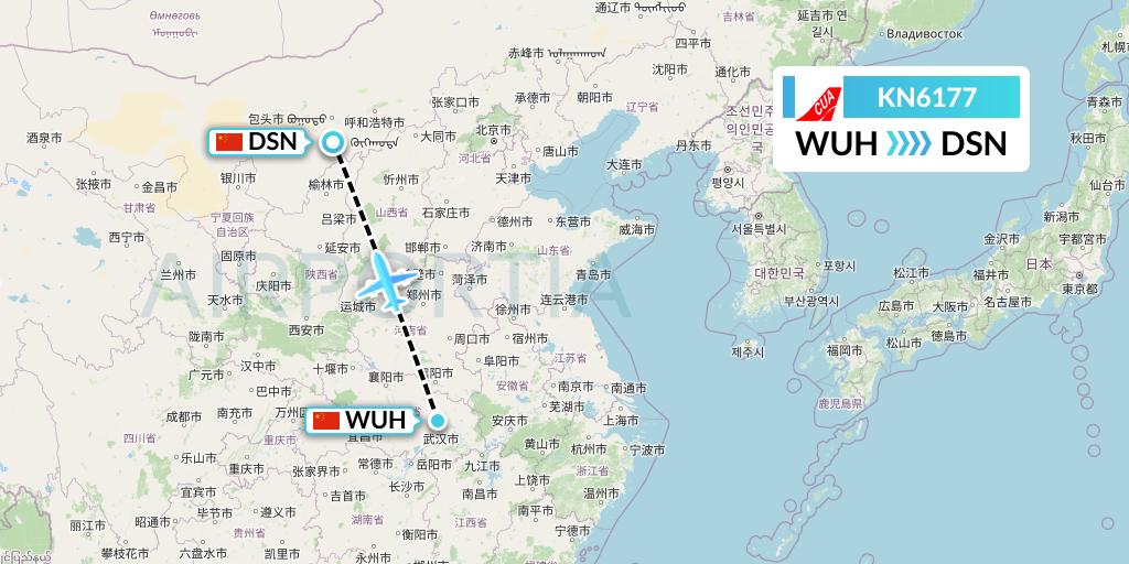 KN6177 China United Airlines Flight Map: Wuhan to Dongsheng