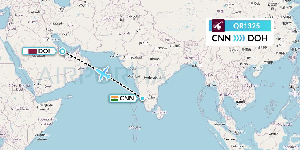 QR1325 Qatar Airways Flight Map: Mattannur to Doha