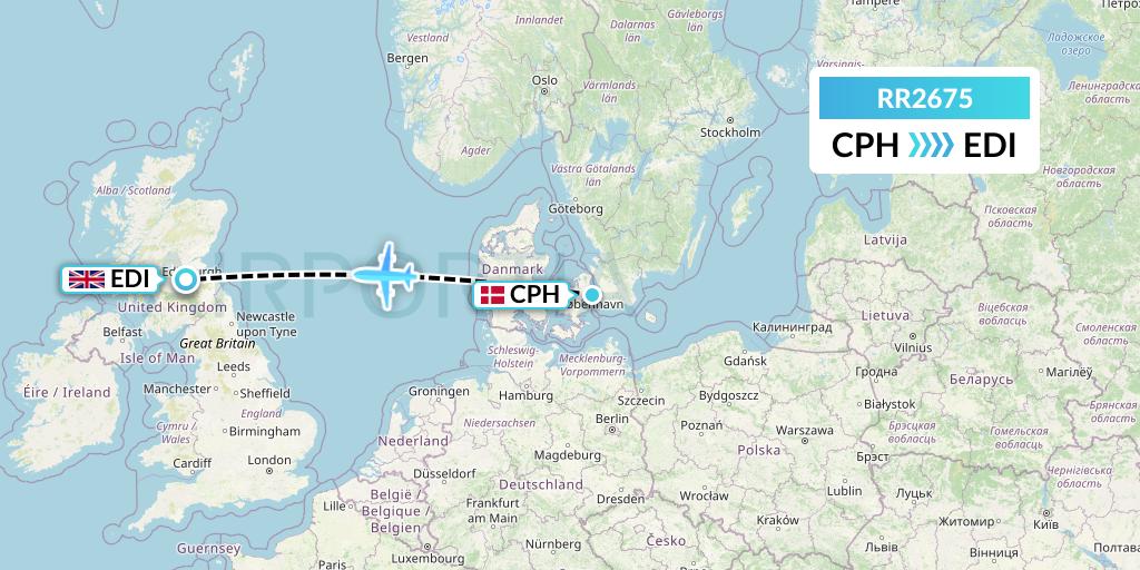 RR2675 Royal Air Force Flight Map: Copenhagen to Edinburgh