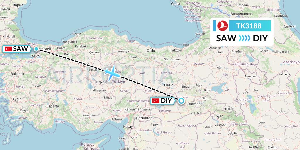 TK3188 Turkish Airlines Flight Map: Istanbul to Diyarbakir