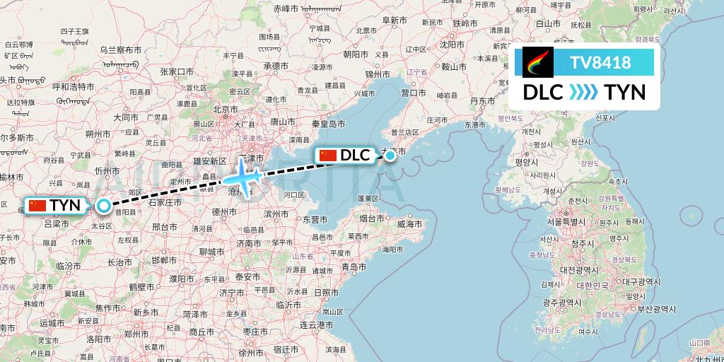 TV8418 Tibet Airlines Flight Map: Dalian to Taiyuan