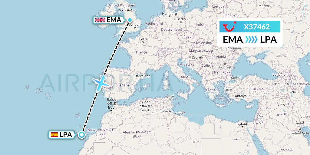 X37462 TUI fly Germany Flight Map: East Midlands to Las Palmas