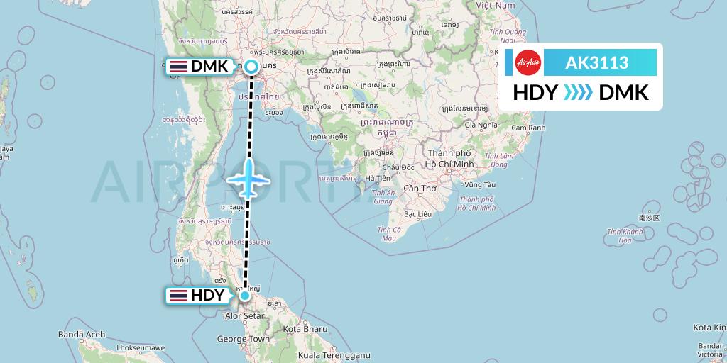 AK3113 AirAsia Flight Map: Hat Yai to Bangkok