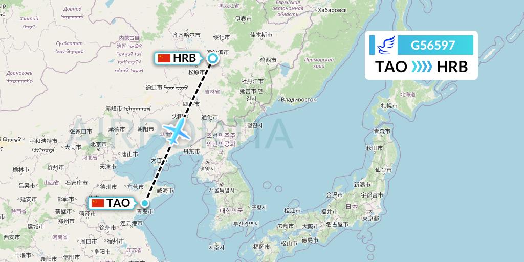 G56597 China Express Airlines Flight Map: Qingdao to Harbin