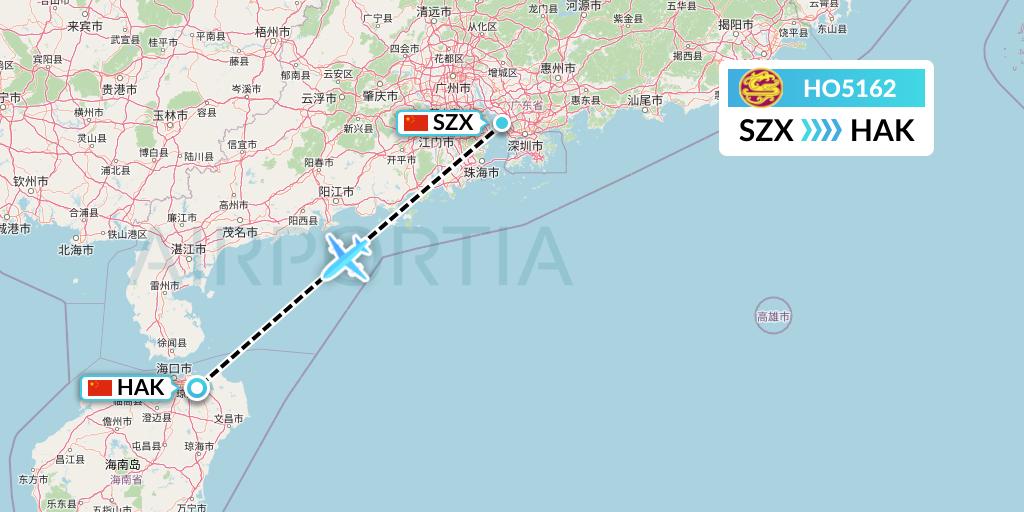 HO5162 Juneyao Airlines Flight Map: Shenzhen to Haikou