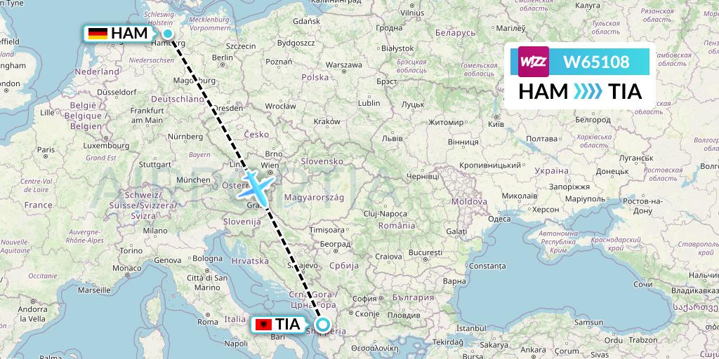 W65108 Wizz Air Flight Map: Hamburg to Tirana