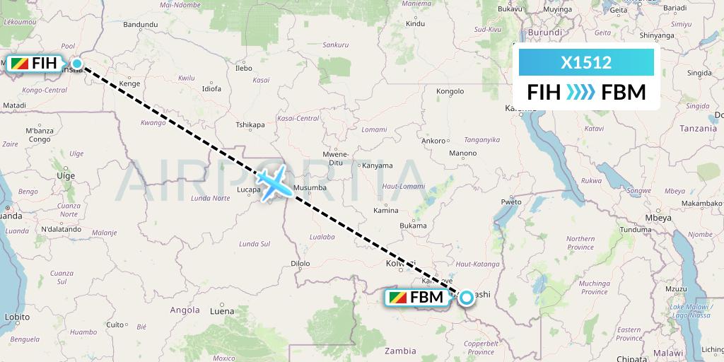 X1512 Nik Airways Flight Map: Kinshasa to Lubumbashi