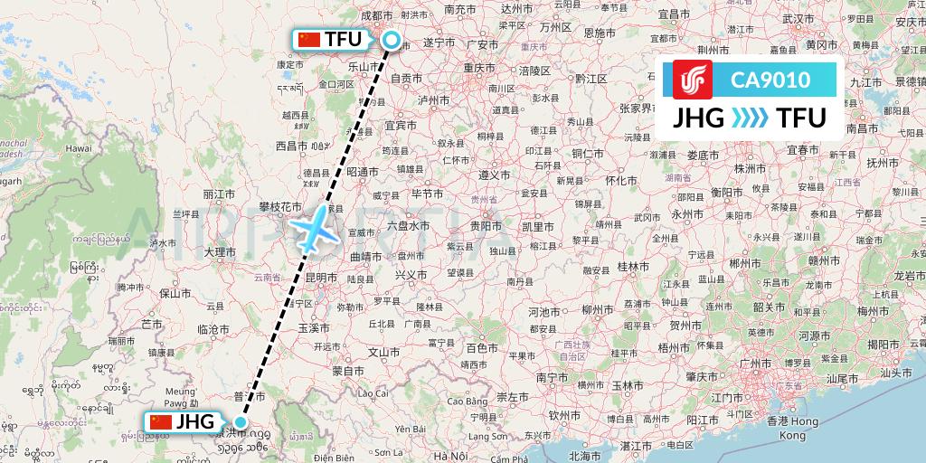 CA9010 Air China Flight Map: Jinghong to Chengdu