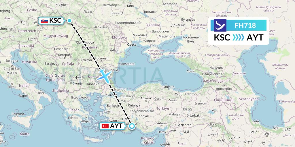 FH718 Freebird Airlines Flight Map: Kosice to Antalya