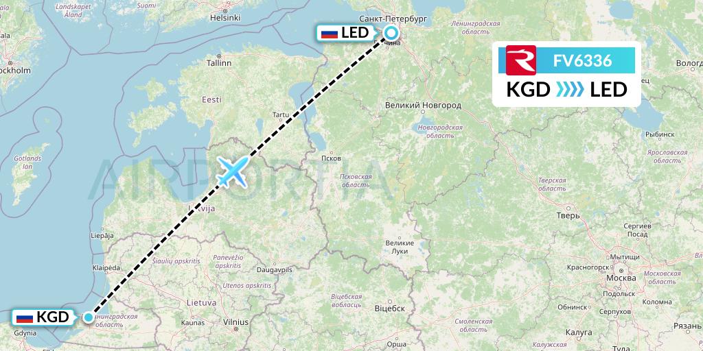 FV6336 Rossiya Flight Map: Kaliningrad to St. Petersburg