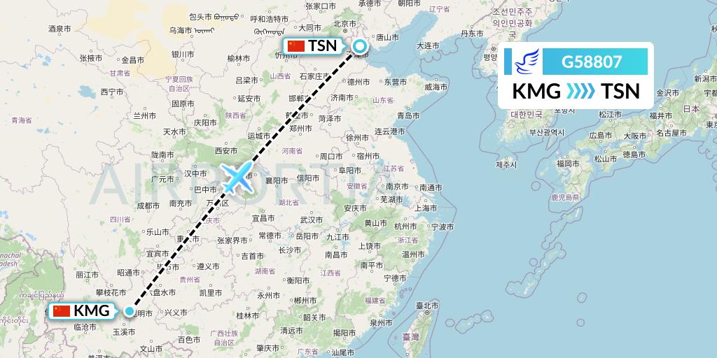 G58807 China Express Airlines Flight Map: Kunming to Tianjin