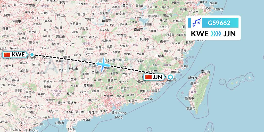 G59662 China Express Airlines Flight Map: Guiyang to Jinjiang