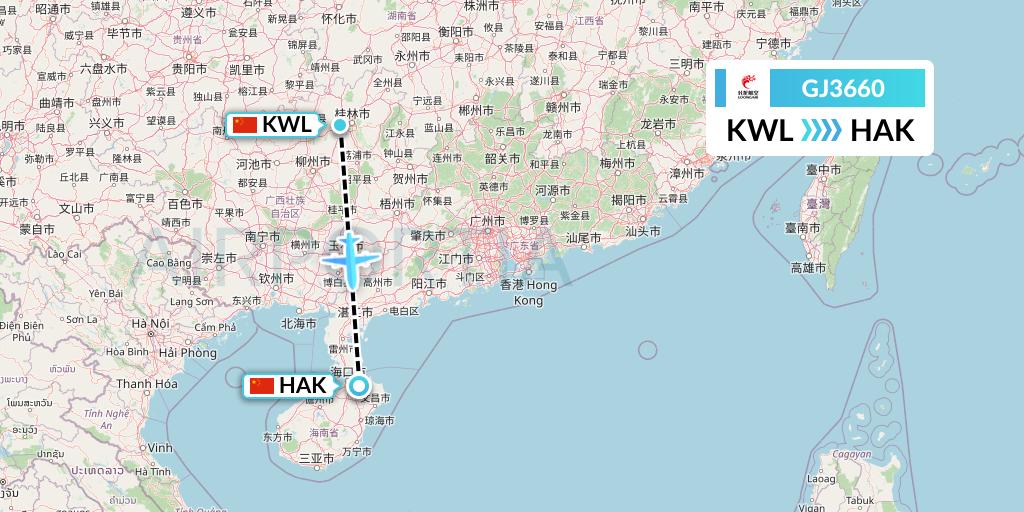 GJ3660 Loong Airlines Flight Map: Guilin to Haikou