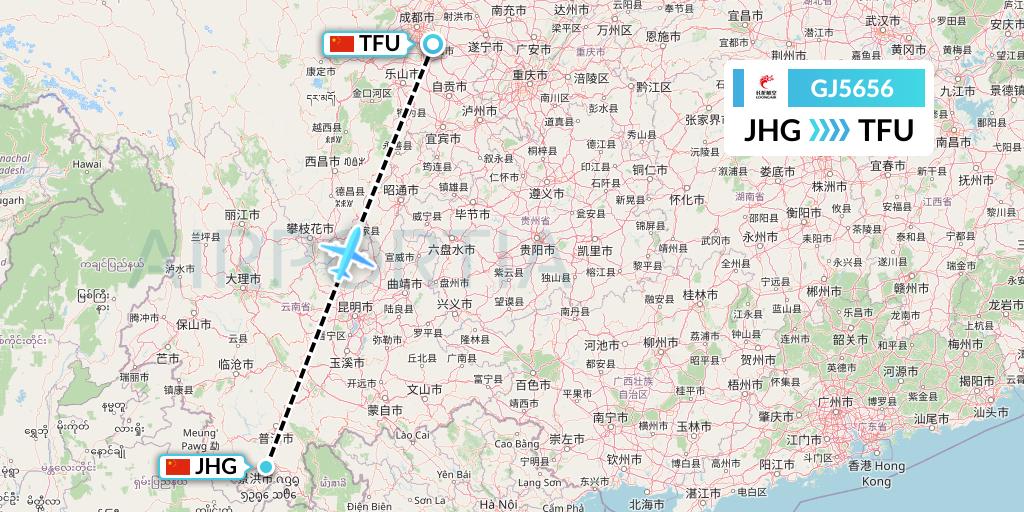 GJ5656 Loong Airlines Flight Map: Jinghong to Chengdu