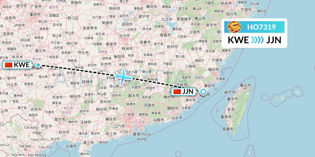 HO7319 Juneyao Airlines Flight Map: Guiyang to Jinjiang