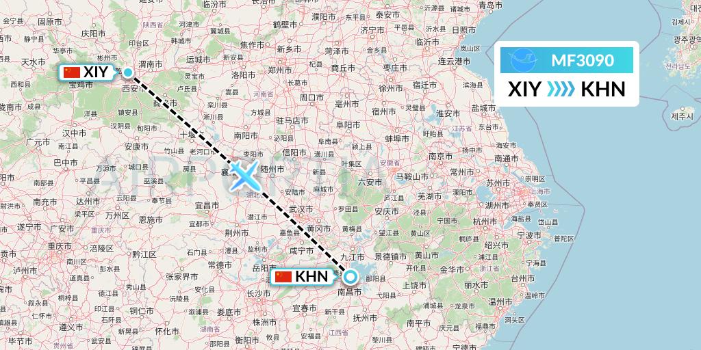 MF3090 Xiamen Airlines Flight Map: Xi'an to Nanchang