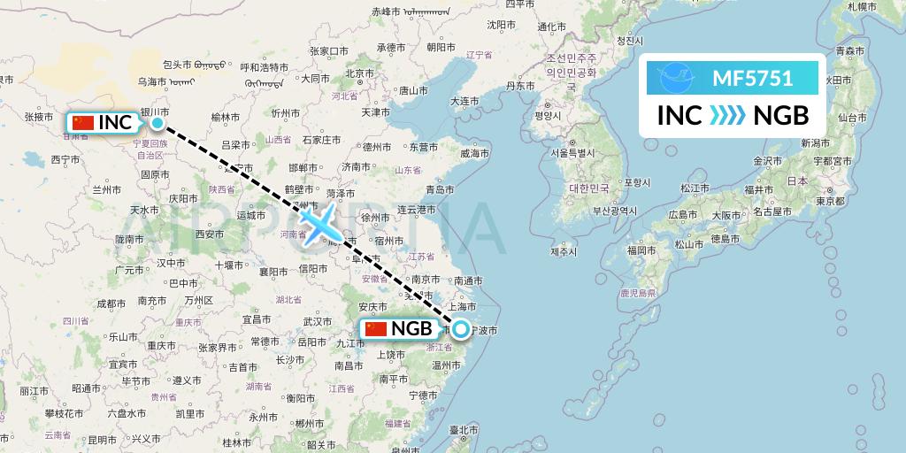 MF5751 Xiamen Airlines Flight Map: Yinchuan to Ningbo