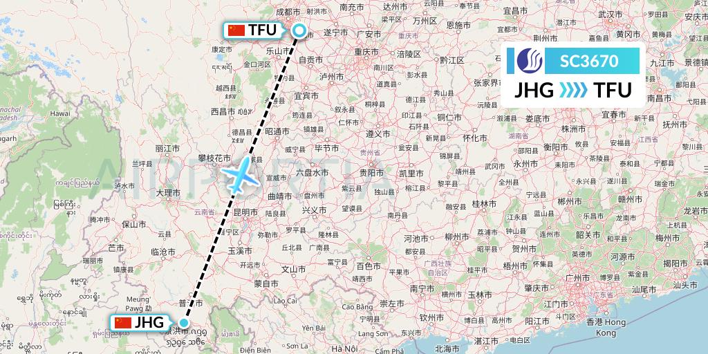 SC3670 Shandong Airlines Flight Map: Jinghong to Chengdu