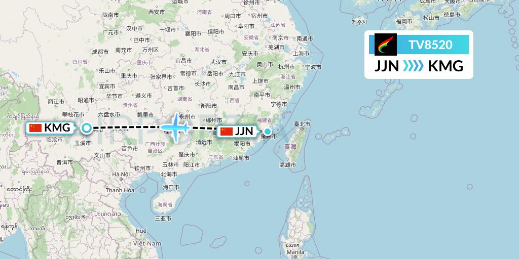 TV8520 Tibet Airlines Flight Map: Jinjiang to Kunming