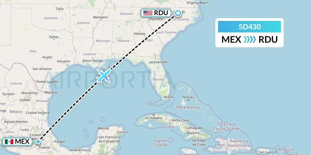 5D430 Aeromexico Connect Flight Map: Mexico City to Raleigh-Durham
