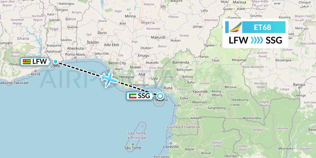 ET68 Ethiopian Airlines Flight Map: Lome to Malabo