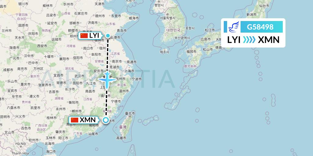 G58498 China Express Airlines Flight Map: Linyi to Xiamen