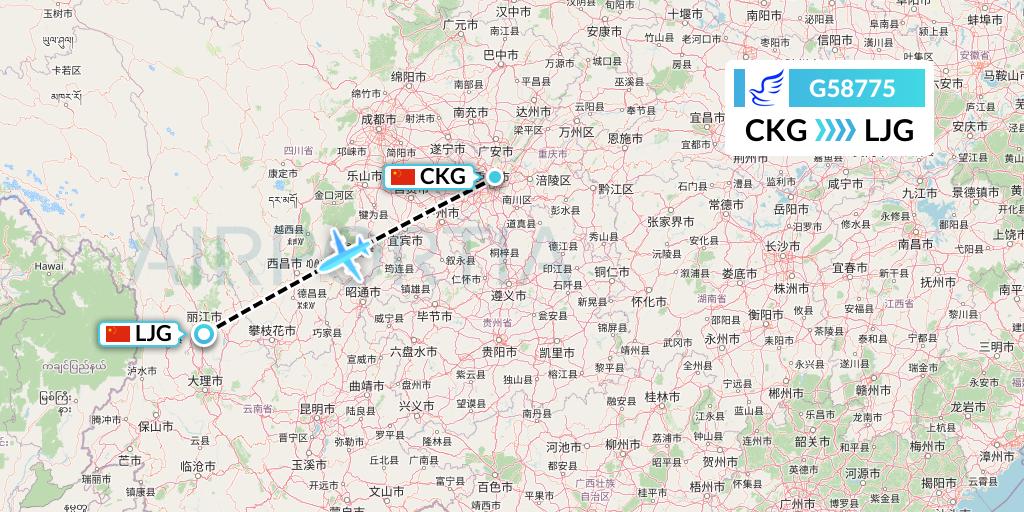 G58775 China Express Airlines Flight Map: Chongqing to Lijiang