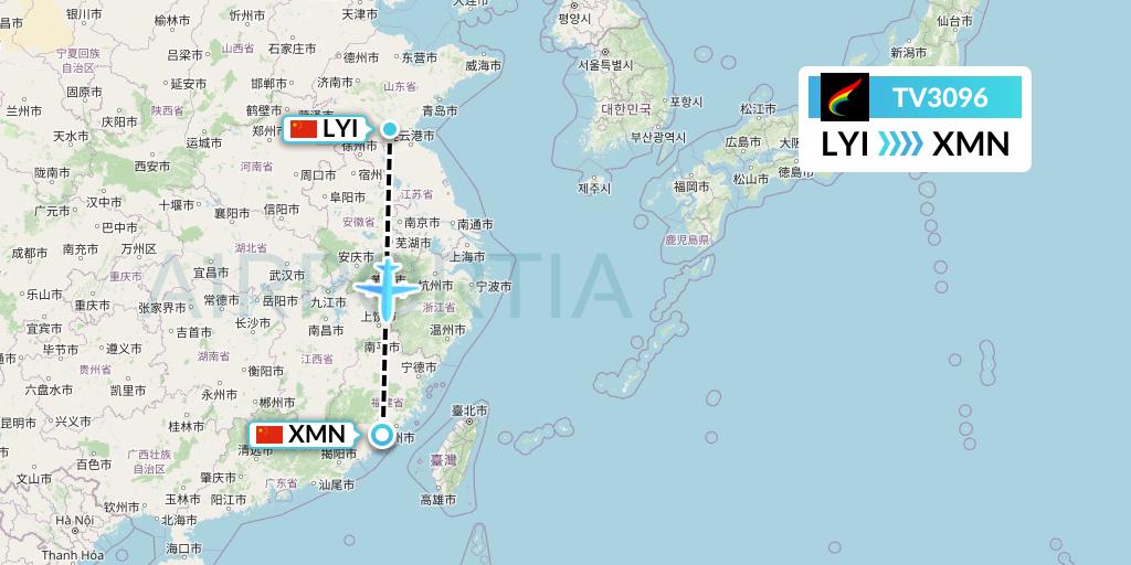TV3096 Tibet Airlines Flight Map: Linyi to Xiamen