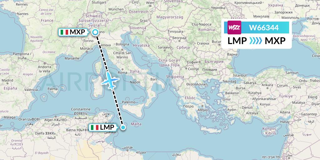 W66344 Wizz Air Flight Map: Lampedusa to Milan