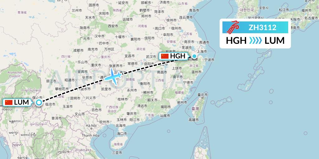 ZH3112 Shenzhen Airlines Flight Map: Hangzhou to Mangshi