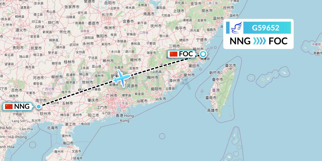 G59652 China Express Airlines Flight Map: Nanning to Fuzhou