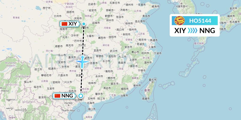 HO5144 Juneyao Airlines Flight Map: Xi'an to Nanning
