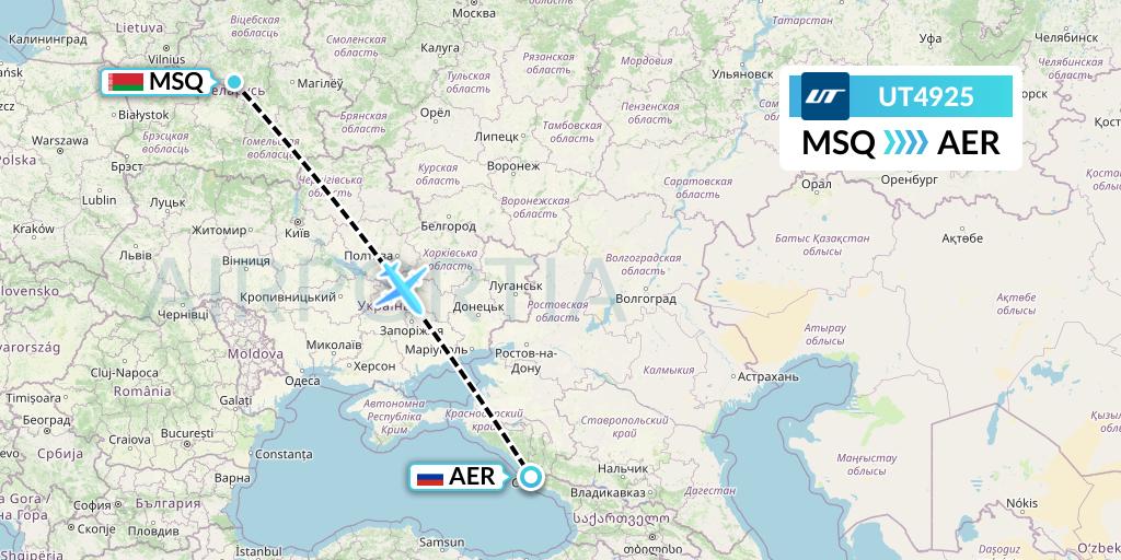 UT4925 UTair Flight Map: Minsk to Sochi
