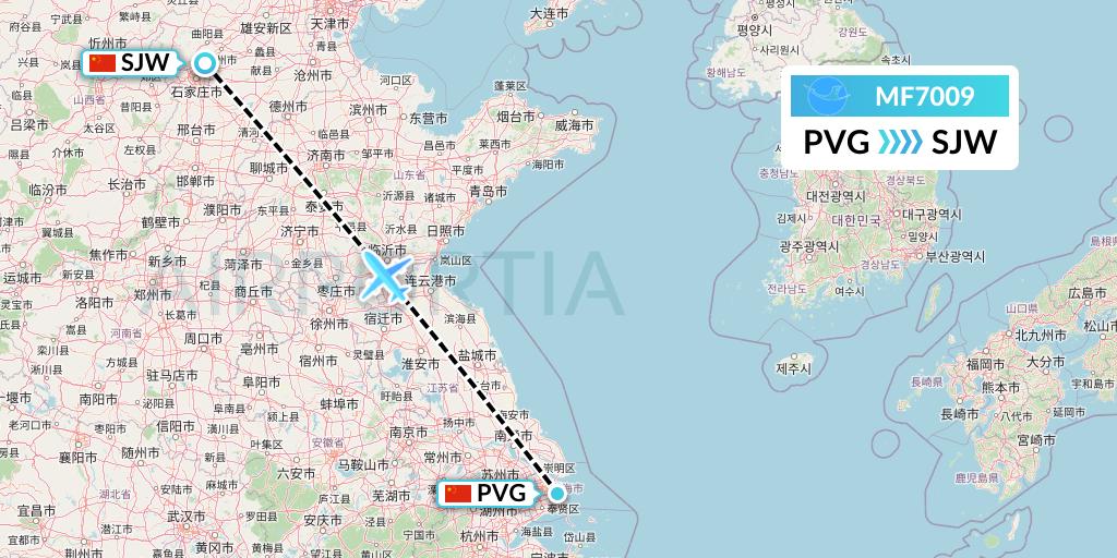 MF7009 Xiamen Airlines Flight Map: Shanghai to Shijiazhuang