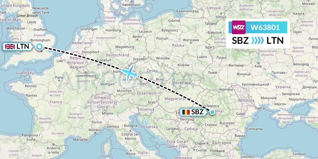 W63801 Wizz Air Flight Map: Sibiu to London