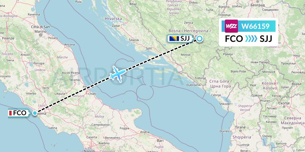 W66159 Wizz Air Flight Map: Rome to Sarajevo