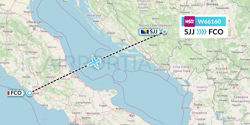 W66160 Wizz Air Flight Map: Sarajevo to Rome