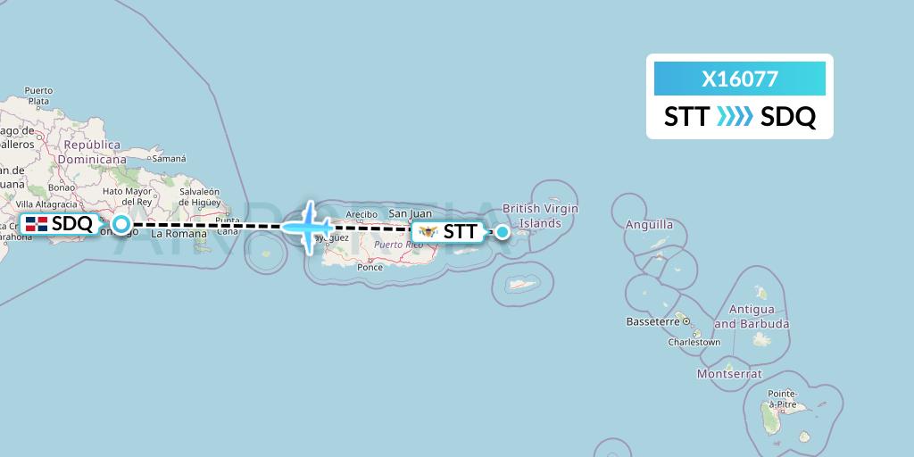X16077 Nik Airways Flight Map: St. Thomas to Santo Domingo