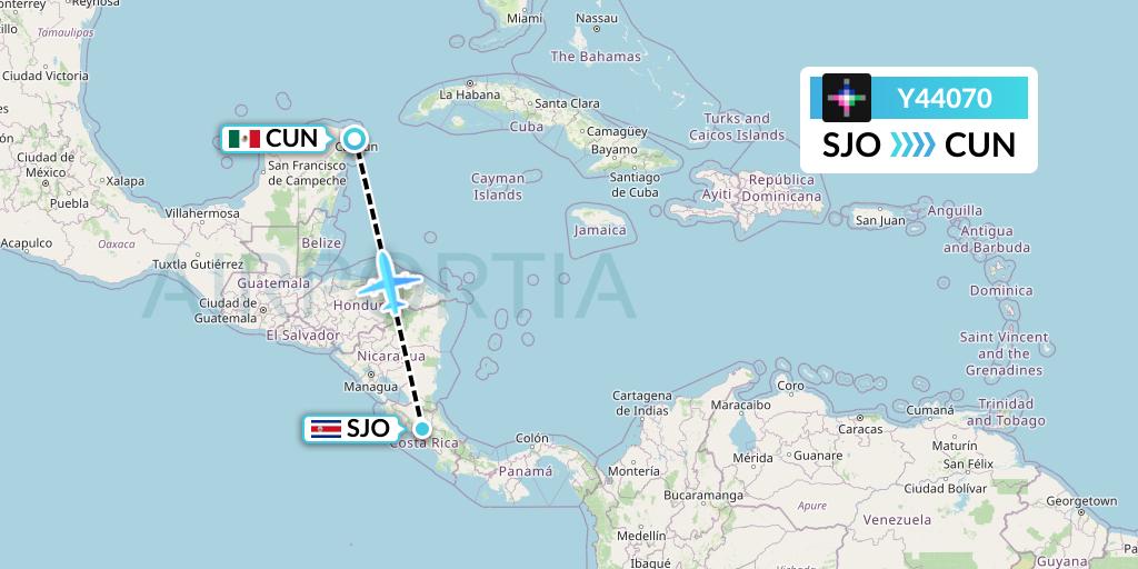 Y44070 Volaris Flight Map: San Jose to Cancun