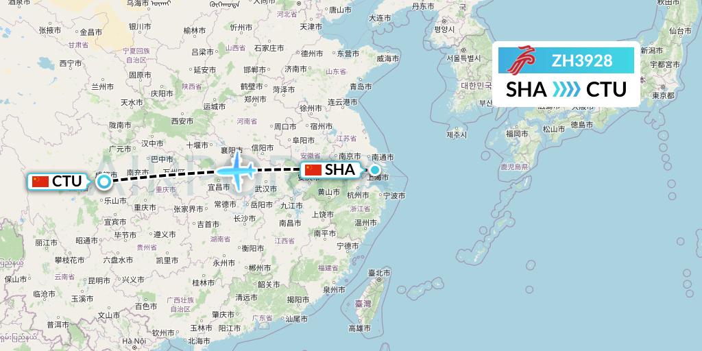 ZH3928 Shenzhen Airlines Flight Map: Shanghai to Chengdu