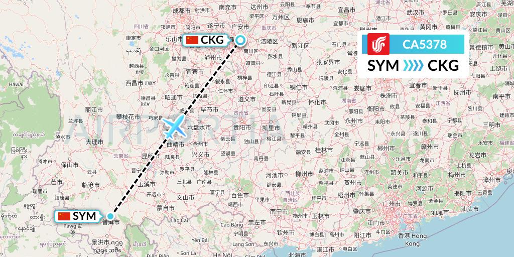 CA5378 Air China Flight Map: Pu'er to Chongqing