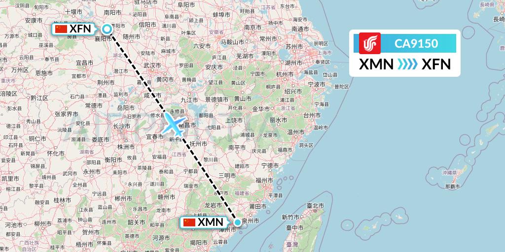 CA9150 Air China Flight Map: Xiamen to Xiangyang