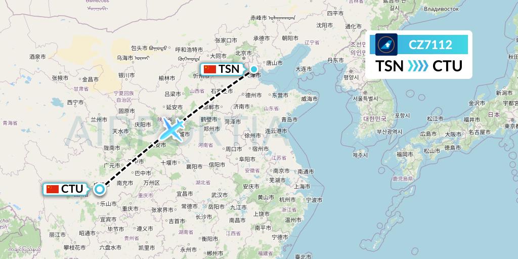 CZ7112 China Southern Airlines Flight Map: Tianjin to Chengdu
