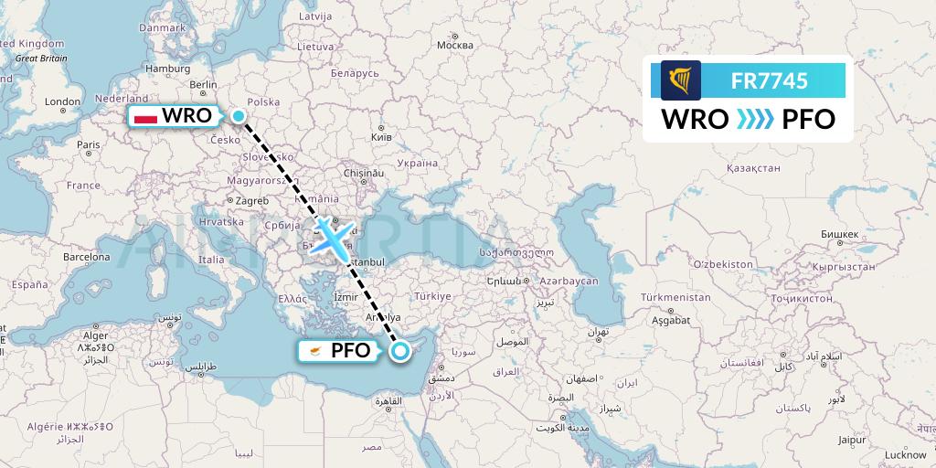 FR7745 Ryanair Flight Map: Wroclaw to Pafos