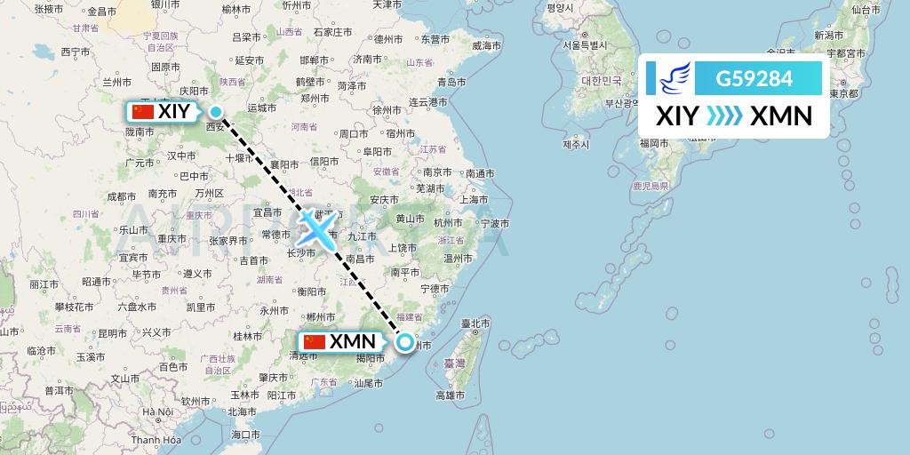 G59284 China Express Airlines Flight Map: Xi'an to Xiamen