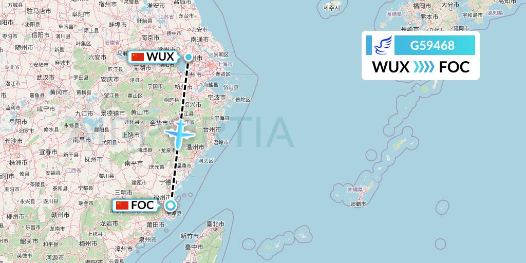 G59468 China Express Airlines Flight Map: Wuxi to Fuzhou